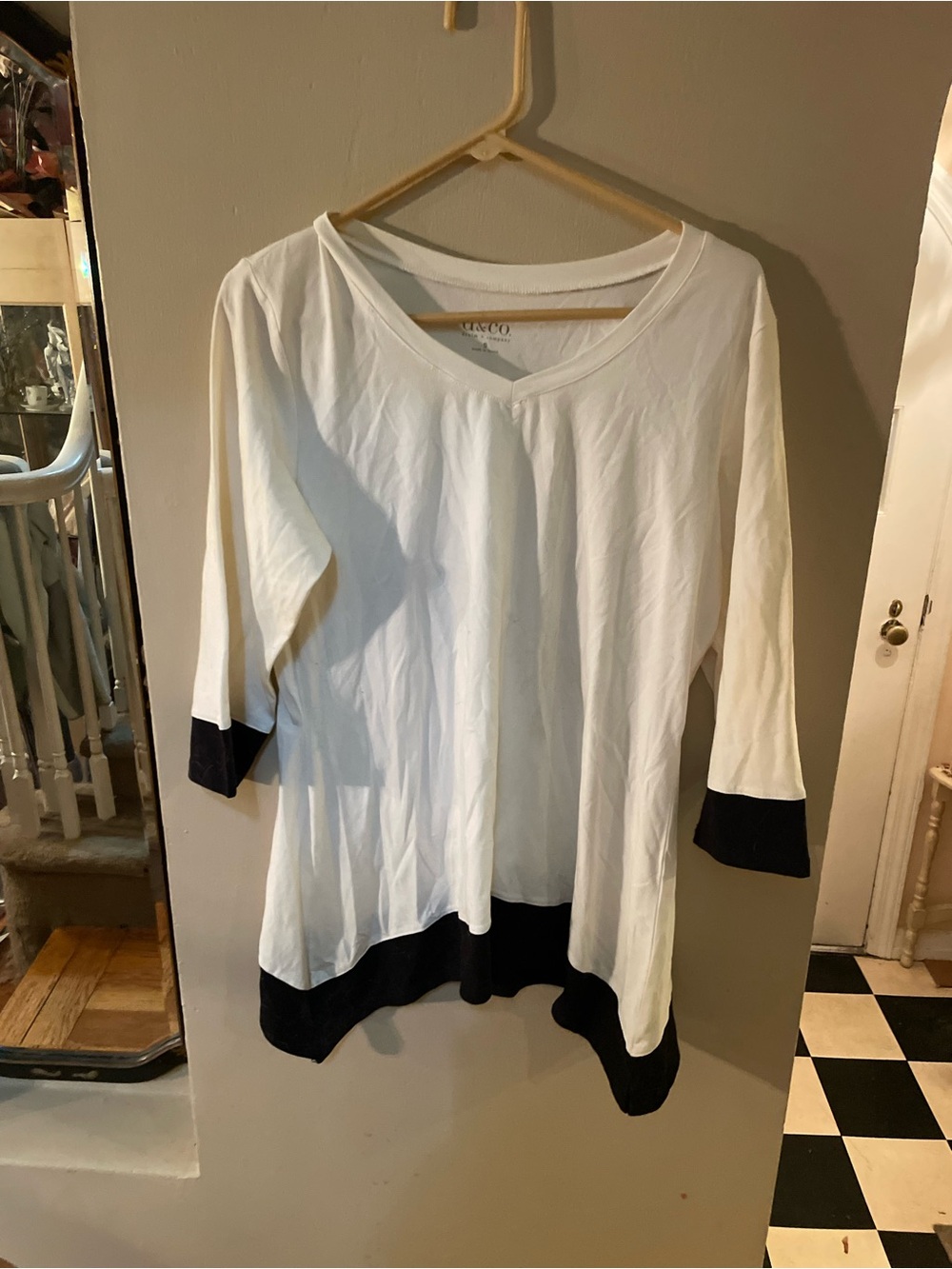 Denim & Co. White V-Neck Tunic with Black Trim